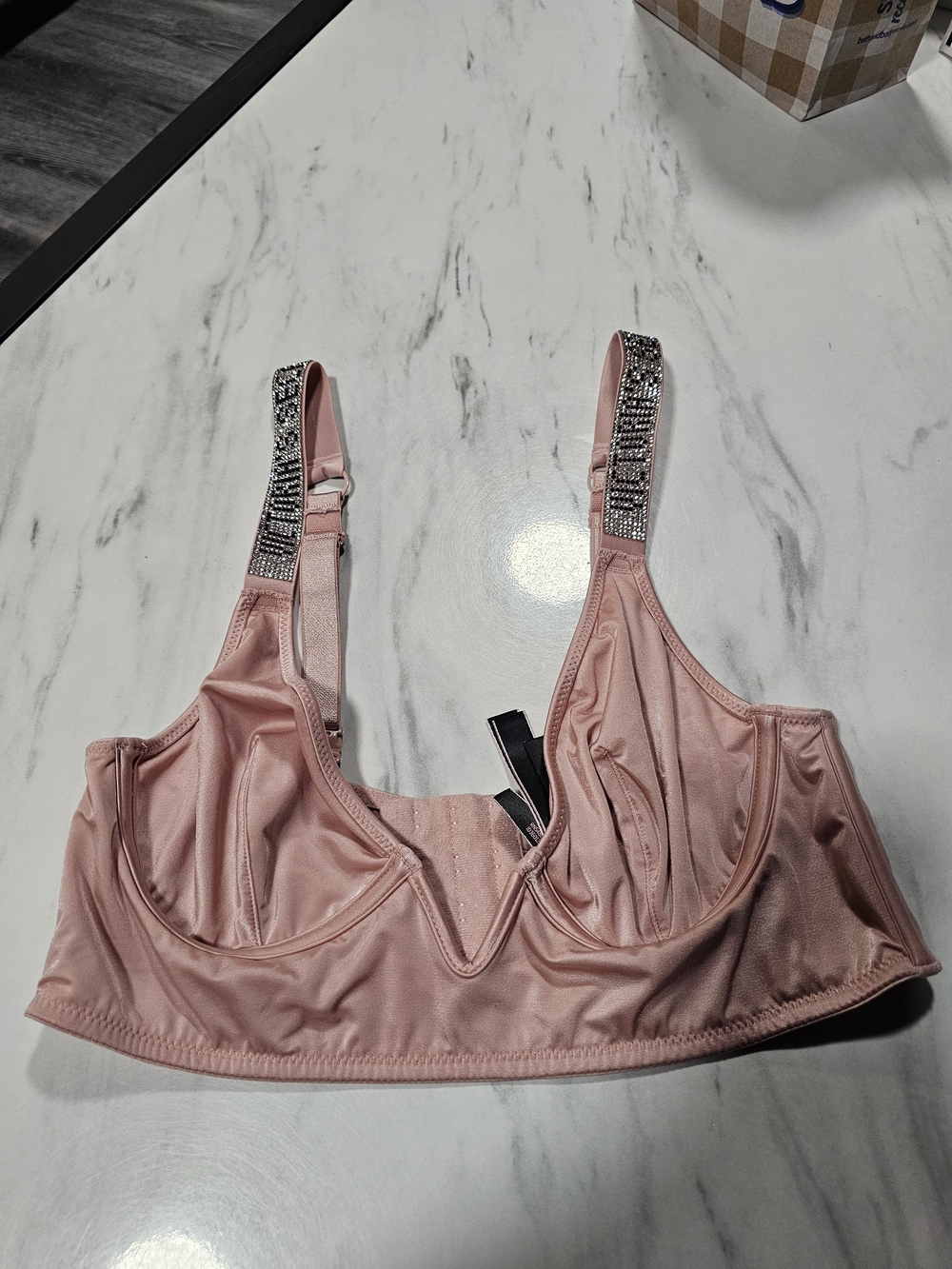 Women's Victoria Secret- M Dusty Pink Satin Underwire Bra with Rhinestone Straps